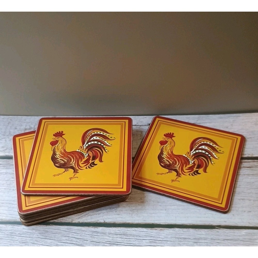 Set of 7 Rooster Coasters with Cork Backing Red & Yellow‎